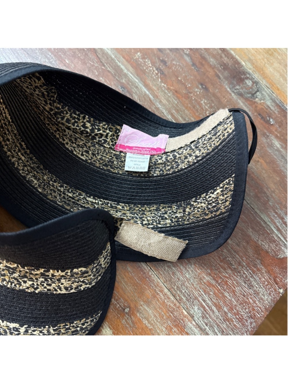 Scala Handcrafted Leopard Print Straw Sun Visor Wide Brim Black One Size - Picture 7 of 9